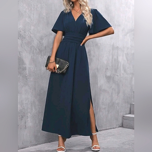 NEW Chic Ruched Waist Flutter Sleeve Maxi Dress Navy Blue - Picture 5 of 9